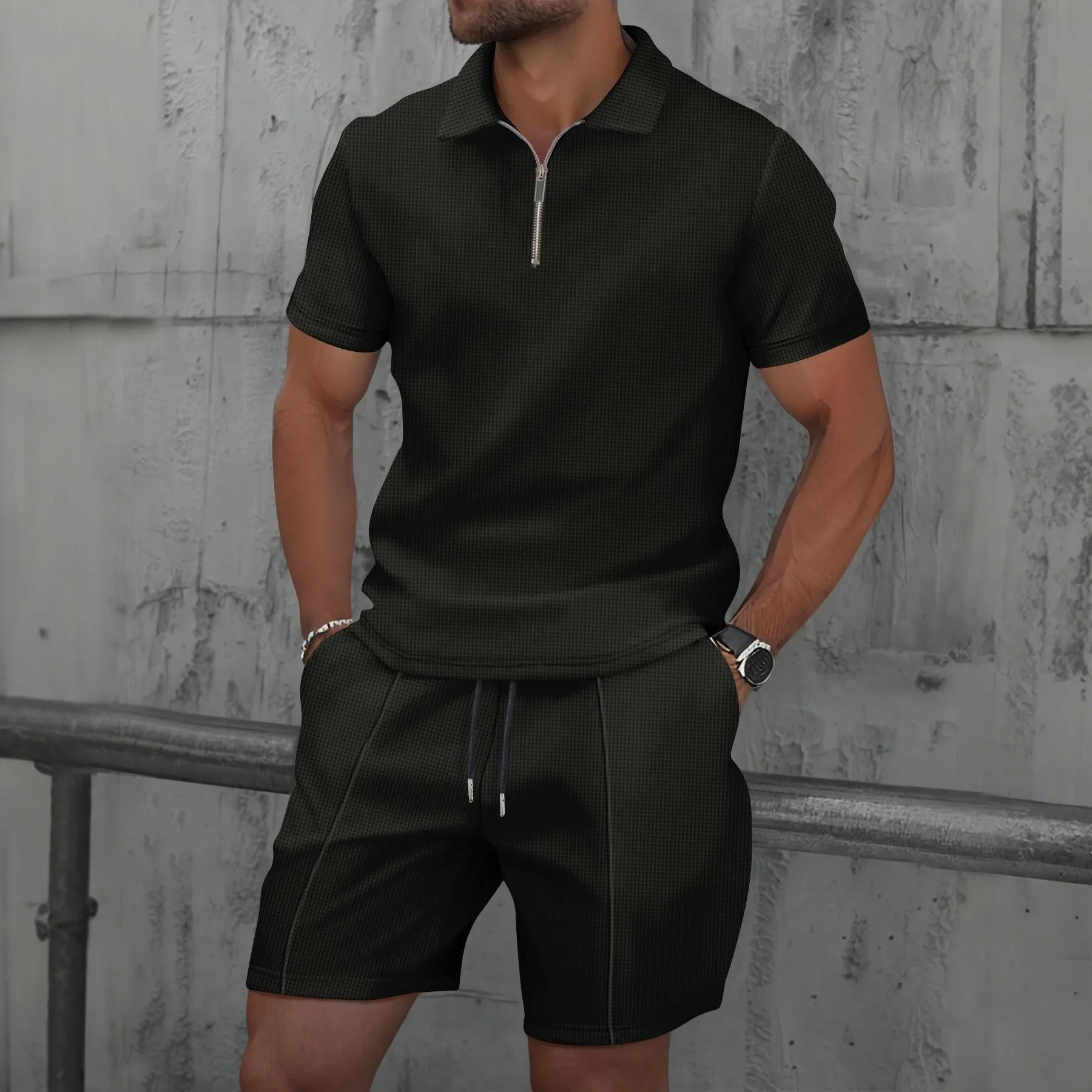 Men's Waffle Zip-Up Summer Set