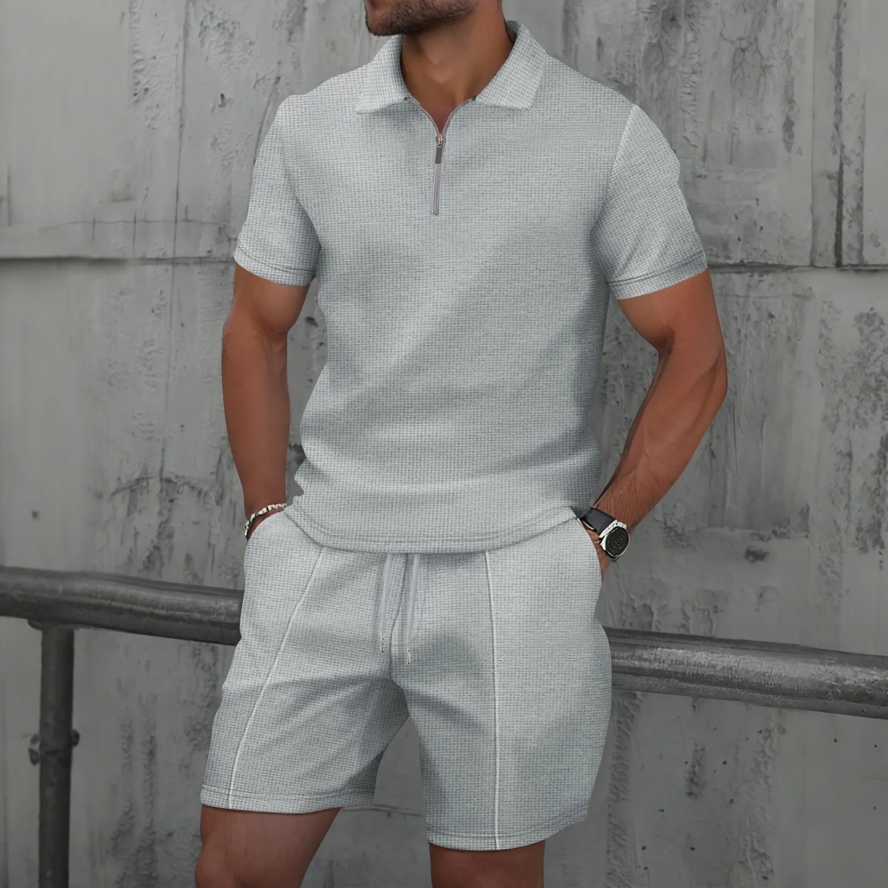 Men's Waffle Zip-Up Summer Set